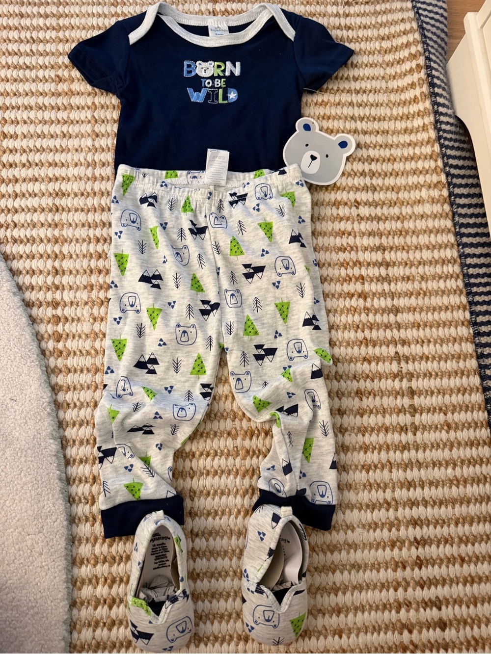 Little Beginnings 3pc Bodysuit, Pants & Shoes Set 18M Navy/Gray Bear